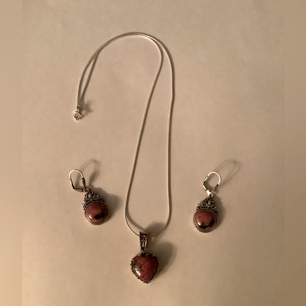 Silver Pink Lapis Pendent Necklace and Matching Earrings